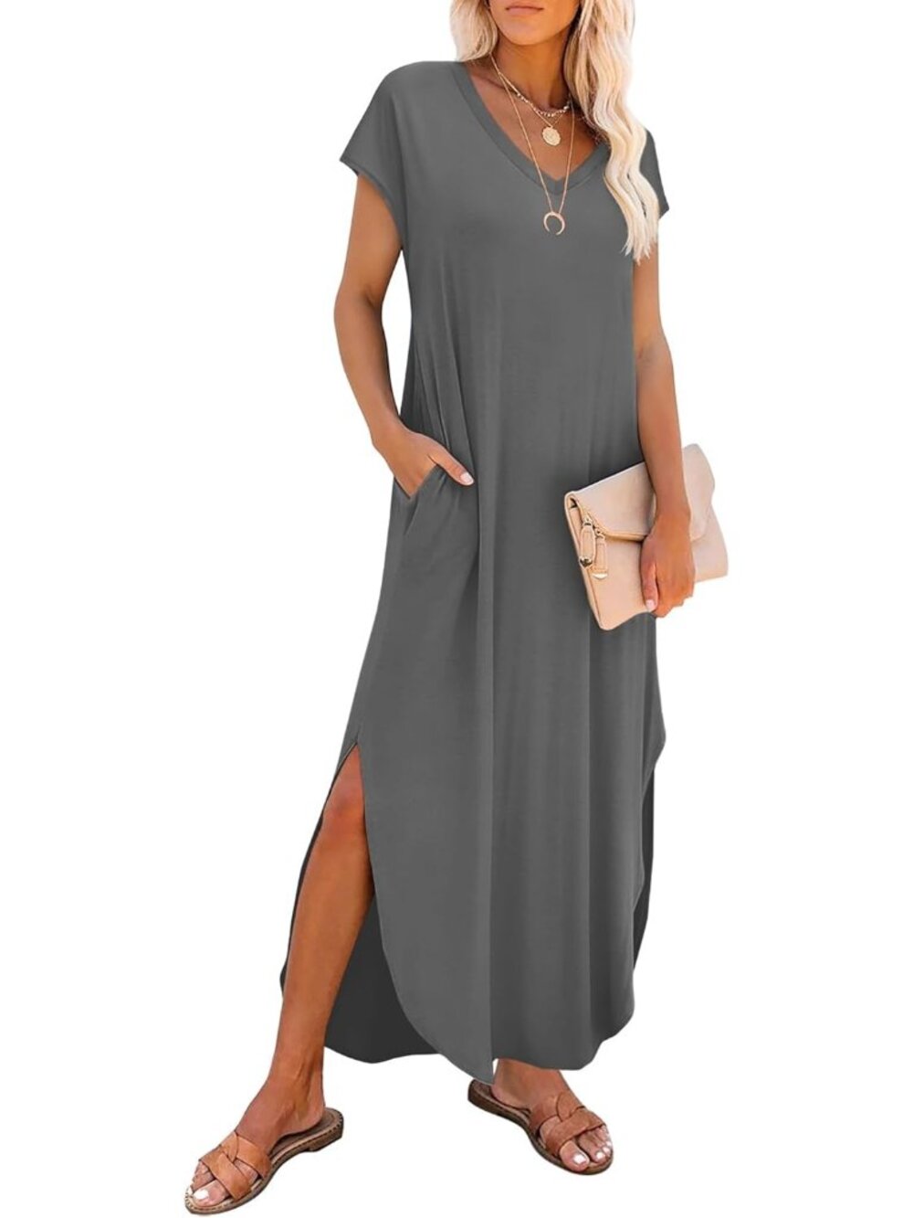Women's Grey V Neck Cap Sleeve Long With Pockets Pull On Casual Maxi Dresses